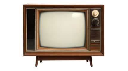 Retro wooden TV screen glowing white, reflecting bygone broadcasting era against transparent backdrop