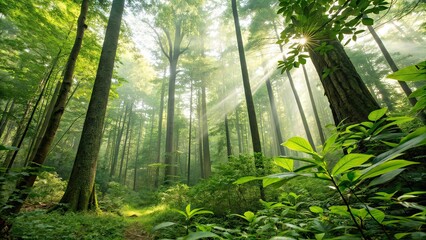 Fototapeta premium Serene Misty Tropical Rainforest with Tall Green Trees and Sunlight Filtering Through