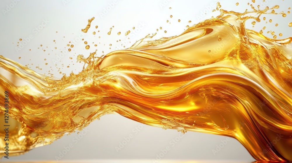 Poster abstract swirling golden liquid waves in dynamic motion with splashing droplets