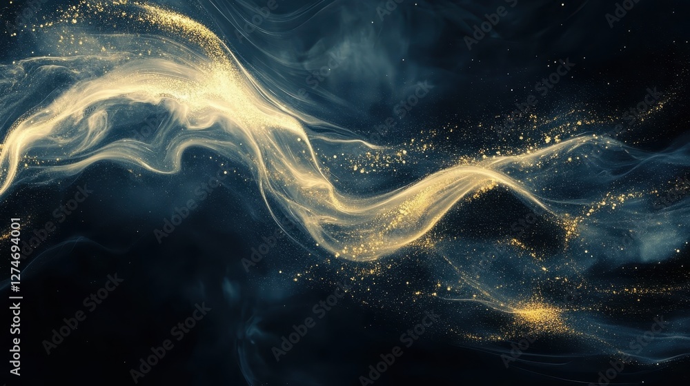 Aufkleber elegant flowing golden particles in dark abstract wave pattern on black background