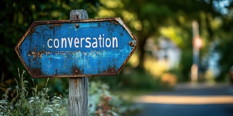 A Rustic Blue Signpost Set Against a Lush Greenery Background, Indicating a Pathway to Conversation with a Touch of Vintage Charm and Nature's Serenity