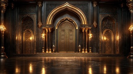 Obraz premium Ornate Palace Entrance, Golden Door, Dark Interior, Reflective Floor, Background Architecture, Ideal for Fantasy Setting