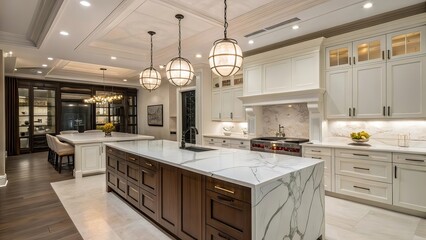 Modern Luxury Kitchen with Elegant Lighting and Marble Countertops