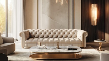 Beige Leather Sofa in Luxurious Living Room Interior