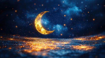 Night sky, crescent moon, glowing ground, starry background, for religious celebrations