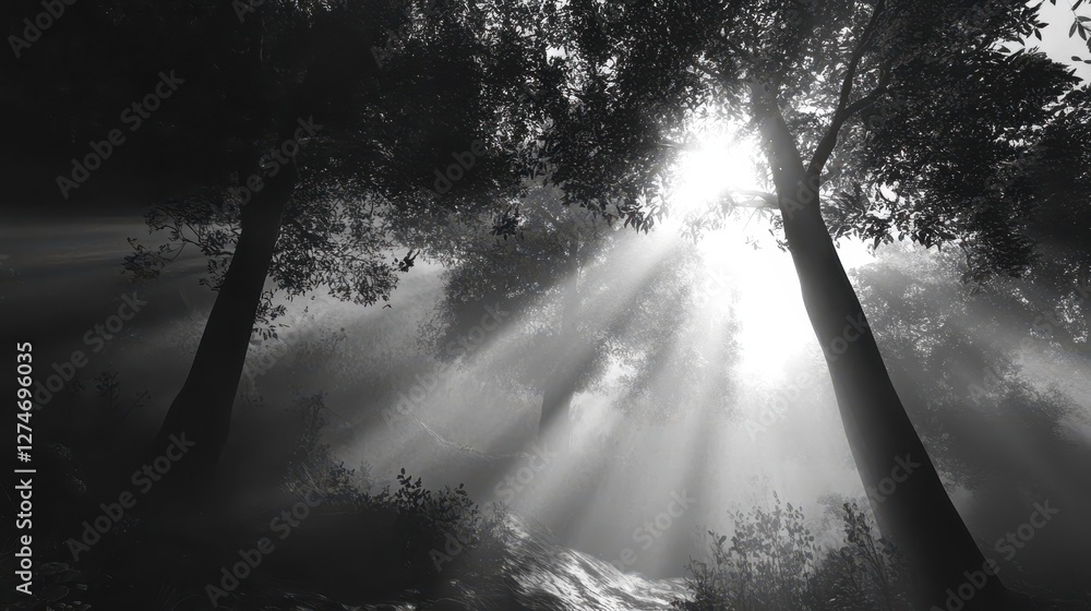 Poster sunlight beaming through forest trees creating dramatic shadows in a misty woodland scene