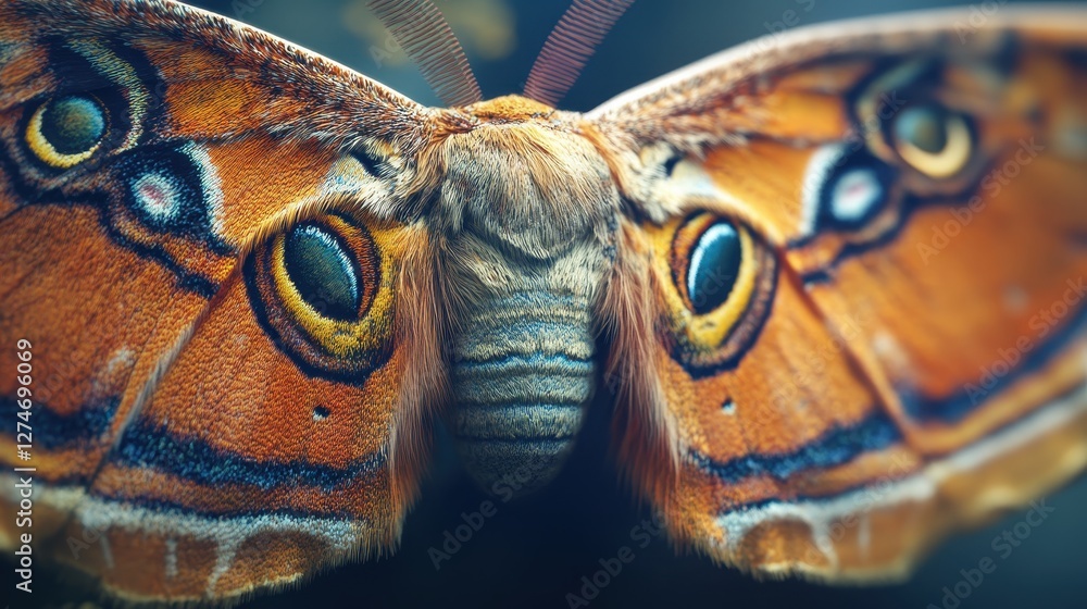 Poster close-up of colorful moth with intricate wing patterns in natural habitat