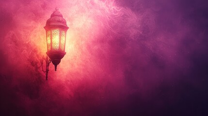 Obraz premium Glowing lantern in smoky night, mystical atmosphere, website banner