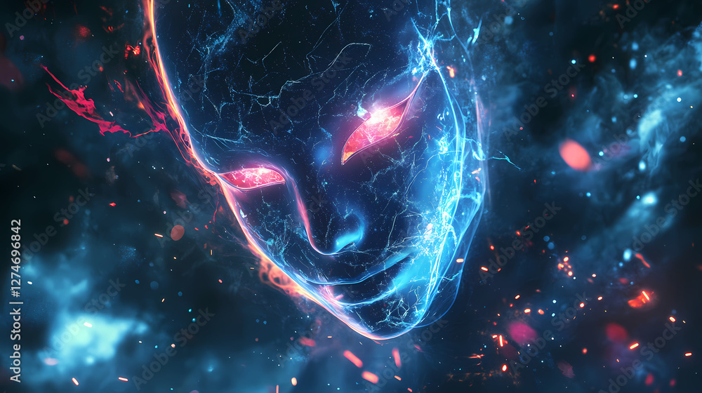 Wall mural mysterious masked figure blending seamlessly into a digital abstract background filled with glowing 
