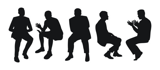Silhouettes of men sitting on a chair and stool, a group of business people, black color on a transparent background