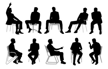 Black silhouette of a collection of business men sitting on chairs in a relaxed pose