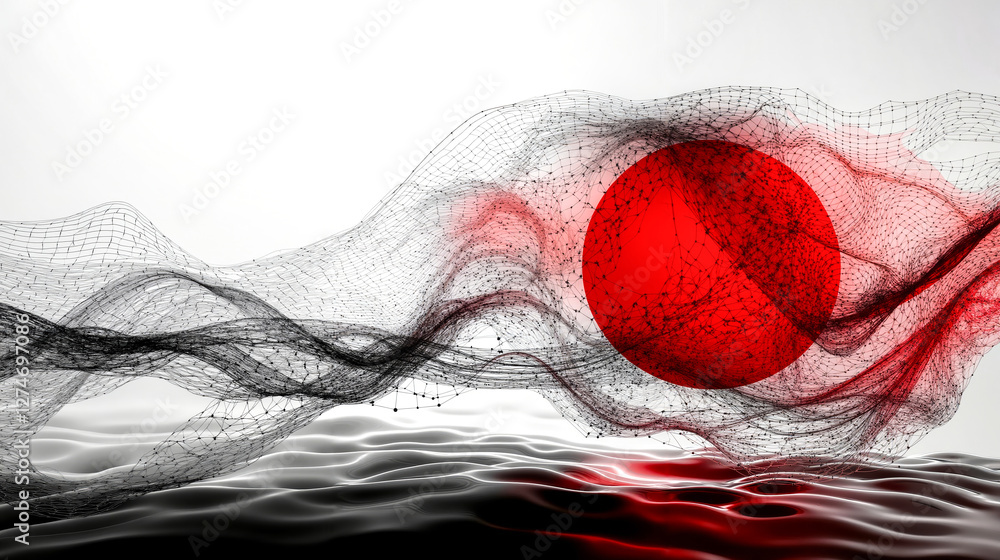 Poster a red and black abstract background with a red ball in the middle