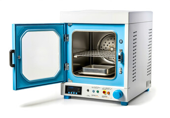 Fototapeta premium A blue and white oven with a door open on a white background