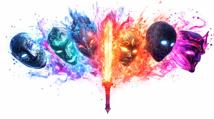 Surreal glowing dagger with mystical aura, surrounded by halloween party masks in abstract designs, dreamlike quality, isolated on white background. Glowing Ethereal Masks. Illustration
