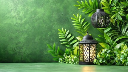 Illuminated lanterns among lush green foliage against a textured backdrop; ideal for Ramadan or festive themes