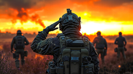 Naklejka premium A group of soldiers walking through a field at sunset