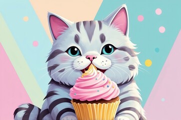 Minimalist fantasy whimsical domestic cute cartoon cat animal with pastel color background 
illustration texture design.
