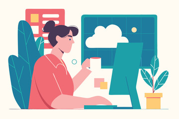 Remote Work. Woman with Laptop and Cloud Storage. Office work