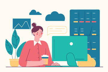 Remote Work. Woman with Laptop and Cloud Storage. Office work