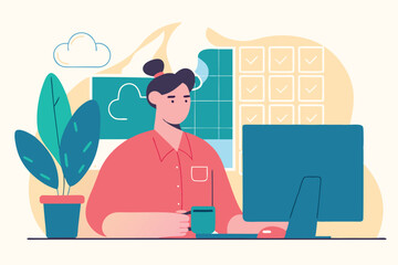 Remote Work. Woman with Laptop and Cloud Storage. Office work