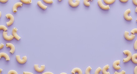 Macaroni pasta scattered in frame on pastel purple background