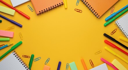 Colorful stationery items scattered on bright yellow background
