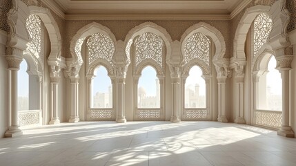 Fototapeta premium Sunlit Arabian palace balcony overlooking city