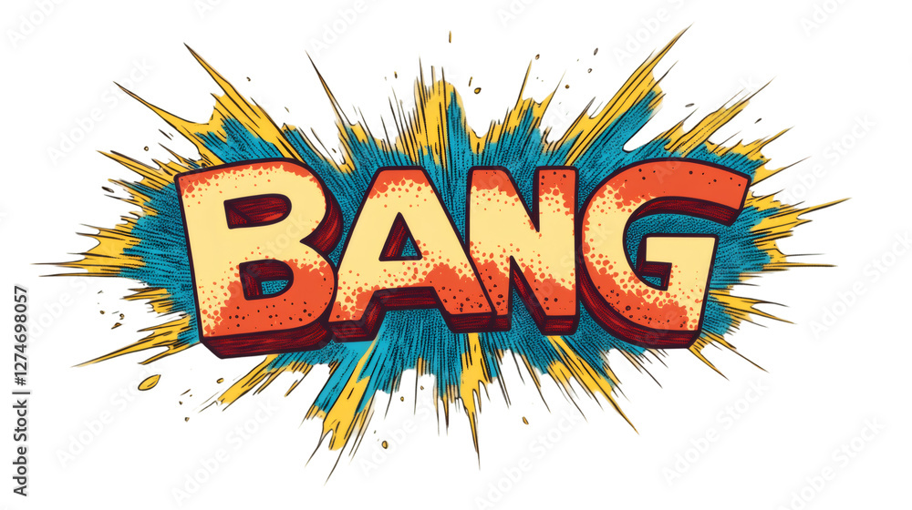 Poster Comic book graphic explosion featuring bursting bang text, dynamic pop art element with transparent background for design projects
