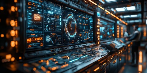 Naklejka premium Futuristic office with a cybersecurity dashboard for network protection 