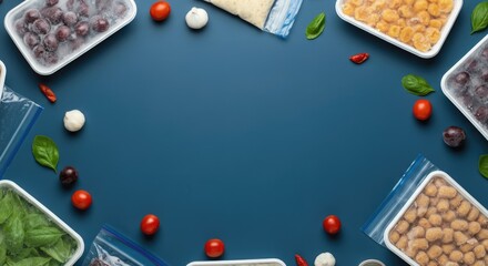 Various frozen and fresh foods arranged on blue background in circular pattern