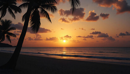 Sunset on the beach with silhouettes of palms
