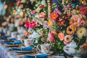 Elegant table setting with fine china and vibrant floral arrangement in a luxurious banquet hall during an evening celebration