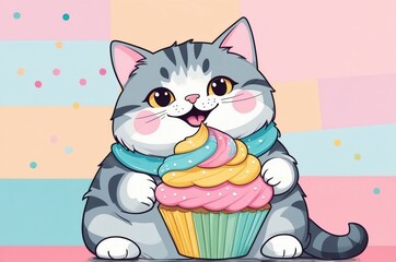 Minimalist fantasy whimsical domestic cute cartoon cat animal with pastel color background 
illustration texture design.