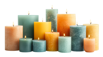 Vibrant pillar candles of different heights glowing against transparent backdrop, emanating cozy, soft illumination