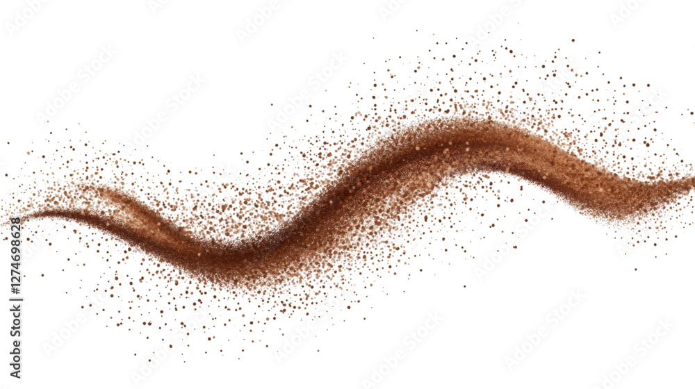 Aufkleber coffee powder swirling dynamically, forming energetic wave pattern with dramatic motion against tran