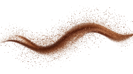 Coffee powder swirling dynamically, forming energetic wave pattern with dramatic motion against transparent backdrop