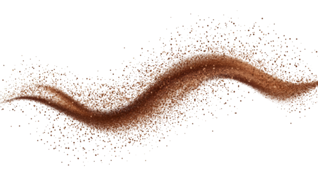 Coffee powder swirling dynamically, forming energetic wave pattern with dramatic motion against transparent backdrop
