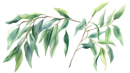 Obraz premium Watercolor eucalyptus branches with green leaves on white background