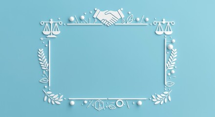 White handshake, scales, and leaves forming border on blue background
