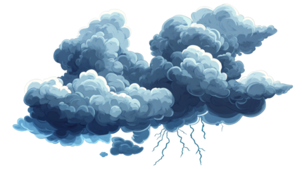 Lightning bolts striking through dark, menacing cartoon storm clouds, displaying intense electrical energy against transparent backdrop