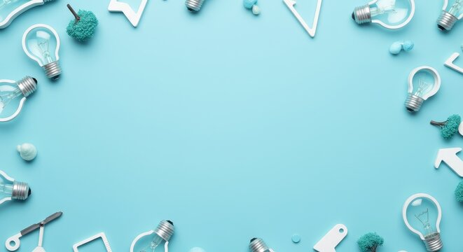 Light blue background with scattered light bulbs and arrows Innovation concept