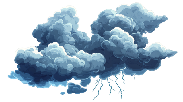Lightning bolts striking through dark, menacing cartoon storm clouds, displaying intense electrical energy against transparent backdrop
