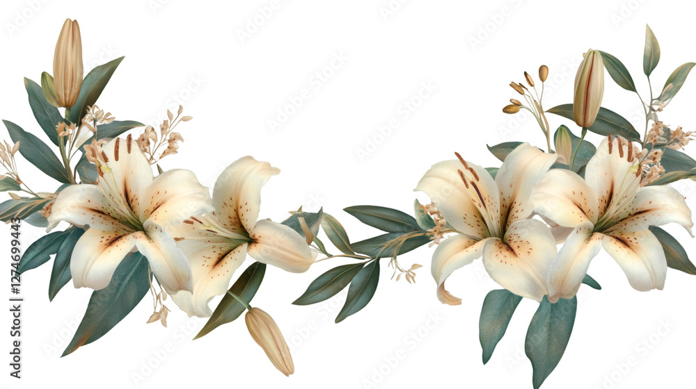 Poster pristine white lilies gracefully arranged, delicate buds complementing elegant botanical composition