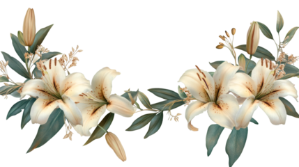 Pristine white lilies gracefully arranged, delicate buds complementing elegant botanical composition on clear background
