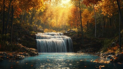 Fototapeta premium Tranquil autumn waterfall in forest with sunlight streaming through colorful foliage