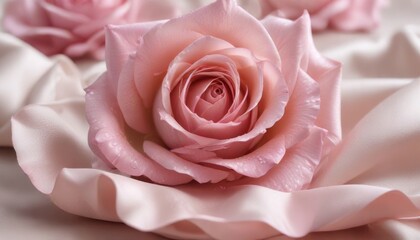 Delicate pink rose petals unfolding on a smooth silk fabric, cotton, fabric, soft