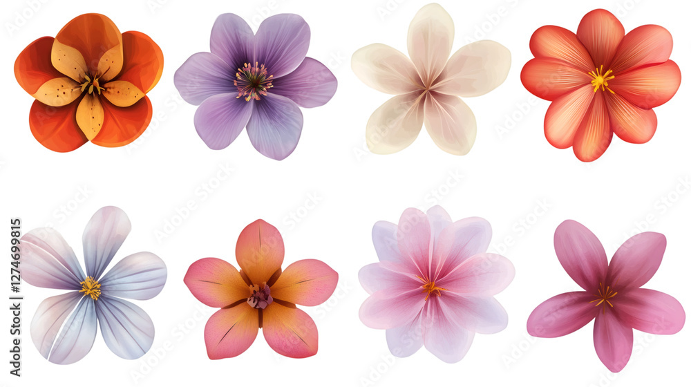 Poster eight colorful flowers of different shapes and colors on a transparent background, perfect for graph