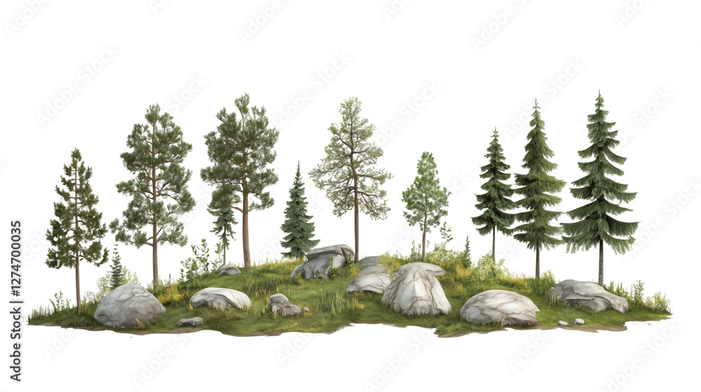 Poster verdant evergreen forest growing on rocky grassy terrain, translucent backdrop offering seamless des