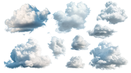 Different white and blue clouds isolated on transparent background, ideal for photo editing and collages