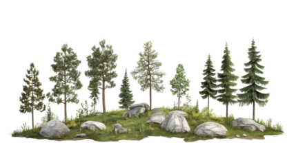 Verdant evergreen forest growing on rocky grassy terrain, translucent backdrop offering seamless design integration and compositing potential